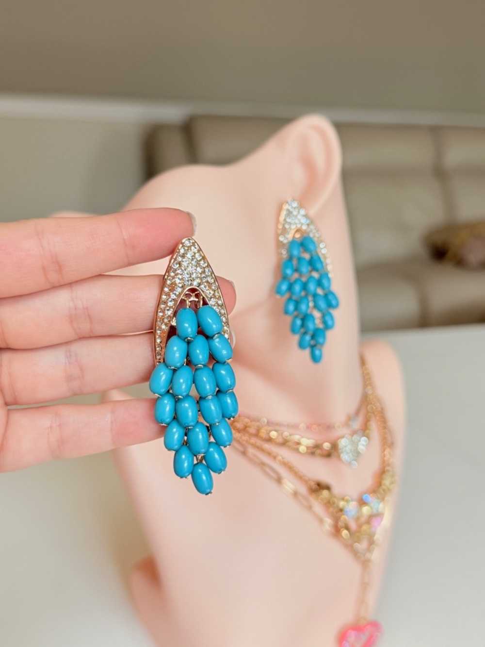 Gold-Tone Turquoise Cluster Drop Earrings - Picture 6 of 13